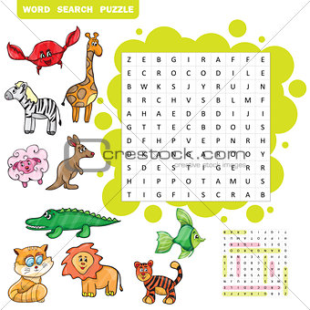 Vector education game for children about animals -Word search puzzle