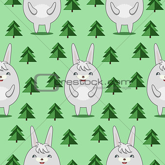 Pattern with Cute Rabbits in Firs Forrest