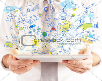 Businessman working with tablet and social media