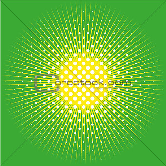 Retro comic pop background dotted halftone design and sun on green