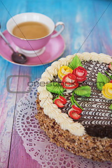 cakes on color background