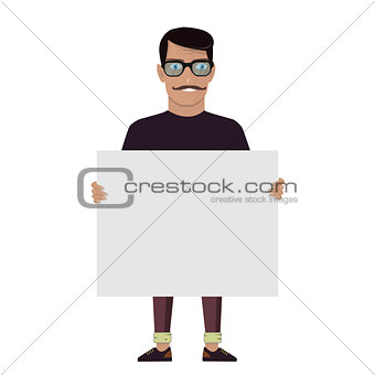 Cartoon character on a white background. Man keeps big white card. Vector sign board. Stylish high detailed graphic.