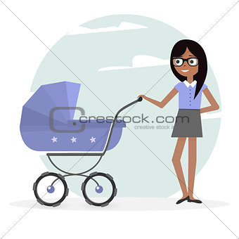 Illustration woman and pram. Young mom and baby stroller.