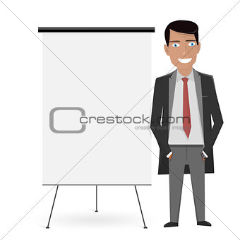 White Board for the business presentation and cartoon man in the suit.