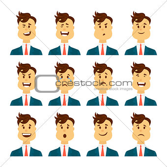 Set of male facial emotions. Bearded man emoji character with different expressions. Vector illustration in cartoon style