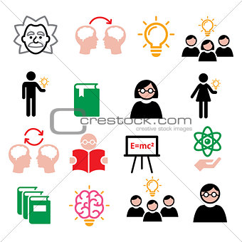 Science, knowledge, creative thinking, ideas vector icons set
