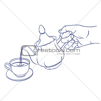 teapot pours tea into a cup