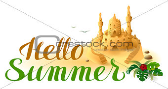 Hello Summer lettering text and sand castle