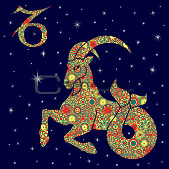 Zodiac sign Capricorn with variegated flowers fill over starry s