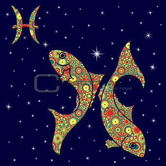 Zodiac sign Pisces with variegated flowers fill over starry sky