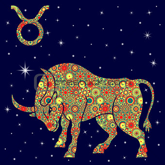 Zodiac sign Taurus with variegated lowers fill over starry sky