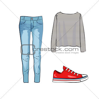 Fashion set with jeans trousers, striped shirt and red sneakers
