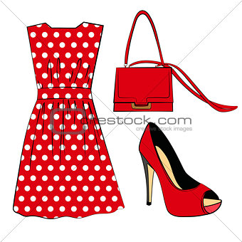 Romantic red polka dots dress, shoe and handbag isolated on white