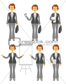 Female manager character or business woman set. Different poses isolated on white background. Woman in trousers. Cartoon flat style illustration
