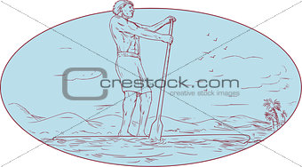 Guy Stand Up Paddle Tropical Island Oval Drawing