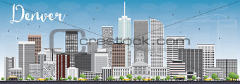 Denver Skyline with Gray Buildings and Blue Sky.