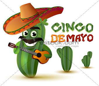 Mexican fun cactus in sombrero plays guitar. Cinco de mayo