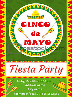 Cinco de Mayo invitation template, flyer. Mexican holiday postcard. Vector illustration.