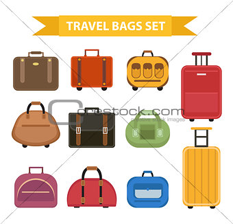 Travel bags icon set, flat style, isolated on a white background. Collection different suitcases, luggage. Vector illustration.