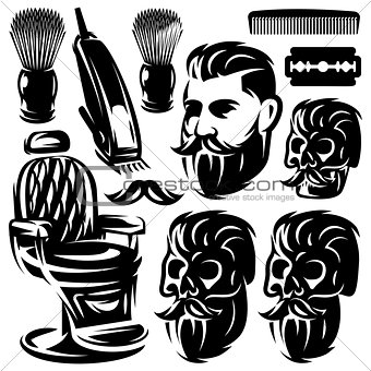 Set of different monochrome design elements for barber shop. Vector illustration