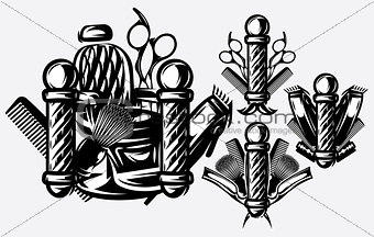 Set of monochrome templates for logo on the topic of barbershop. Vector illustration