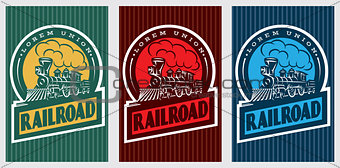 A set of colorful retro posters with a vintage locomotive