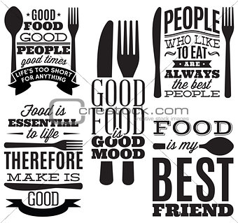 set of vintage typographic food quotes for menu or t-shift with knife, spoon, fork