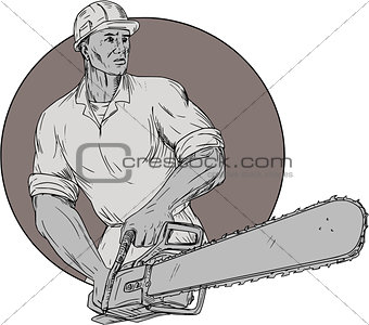 Lumberjack Arborist Holding Chainsaw Oval Drawing