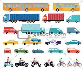 Cars, truck, bus, scooter, motorcycle, set of urban cars