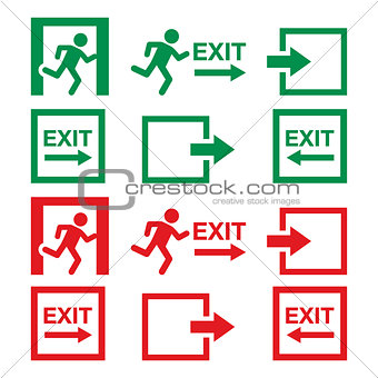 Emergency exit sign, warning icons vector set in green and red