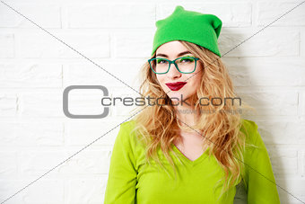Trendy Smiling Hipster Girl. Greenery Colors.