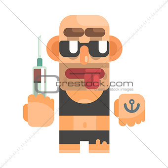 High Junkie With Drug Syringe, Revolting Homeless Person, Dreg Of Society, Pixelated Simplified Male Vagabond Character