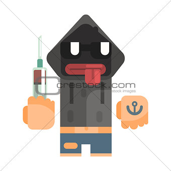 Junkie With Hoodie And Shades Holding Syringe, Revolting Homeless Person, Dreg Of Society, Pixelated Simplified Male Vagabond Character