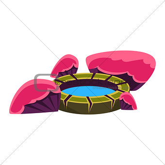 Pink And Purple Rocks Around Small Well, Bonsai Miniature Traditional Japanese Garden Landscape Element Vector Illustration
