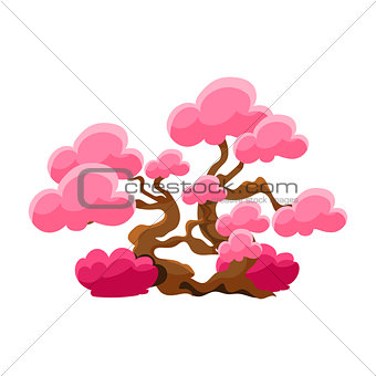 Pink Tree Bonsai Miniature Traditional Japanese Garden Landscape Element Vector Illustration