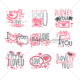 Romantic I Love You Message For St Valentines Day Postcard, Colorful Graphic Design Template Logo Series, Hand Drawn Vector Stencils