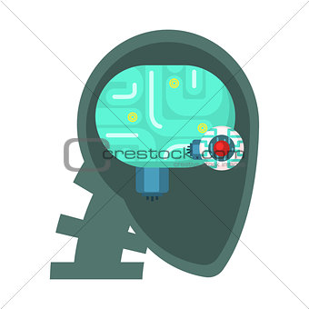 Android Head Cut Through With Electronic Eye And Brain Inside, Part Of Futuristic Robotic And IT Science Series Of Cartoon Icons