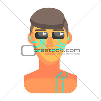 Humanized Android Portrait With Electronic Elements, Part Of Futuristic Robotic And IT Science Series Of Cartoon Icons
