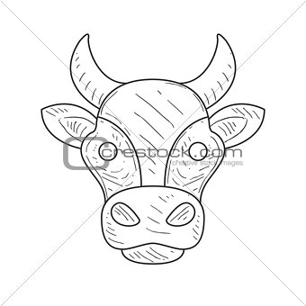 Pencil Sketch With Isolated Cows Head In Black And White Color For Coloring Book Page Vector Illustration.