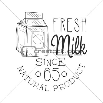 Natural Fresh Milk Product Promo Sign In Sketch Style With Carton Box, Design Label Black And White Template