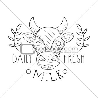 Fresh Milk Product Promo Sign In Sketch Style With Cow And Plant Branches, Design Label Black And White Template