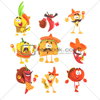 Mexican Food And Vegetables Set OF Cool Cartoon Characters In National Clothes With Guitars And Maracas, Smiling And Dancing