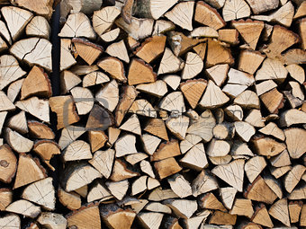 A stack of chopped firewood stacked on top of each other