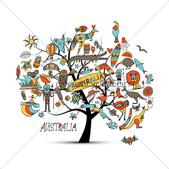 Australian map tree with icons set, sketch