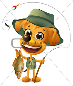 Funny yellow dog fisherman holds large fish. Successful fishing big catch