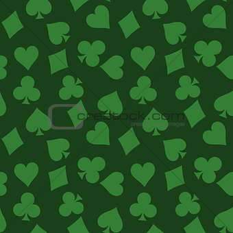 Seamless pattern background of green poker suits - hearts, clubs, spades and diamonds - on green background. Casino gambling theme vector illustration