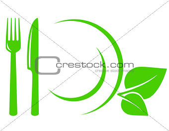 vegetarian icon with leaves, fork and knife