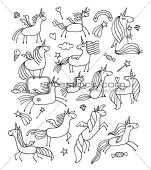 Magic unicorns design for coloring book