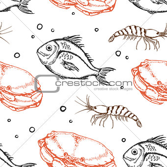 Seamless pattern with crab and fish
