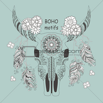 boho card with cow skull and flowers